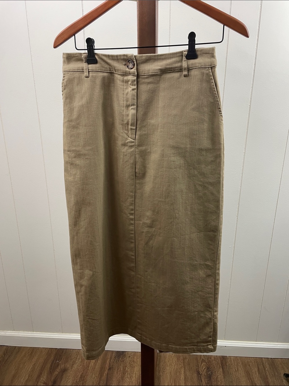 Anthropologie Self Contrast Beige Denim Midi Skirt